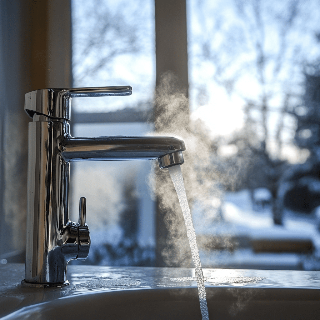 Indoor faucet with a steady stream of running water and visible steam, cold winter scene outside the window.